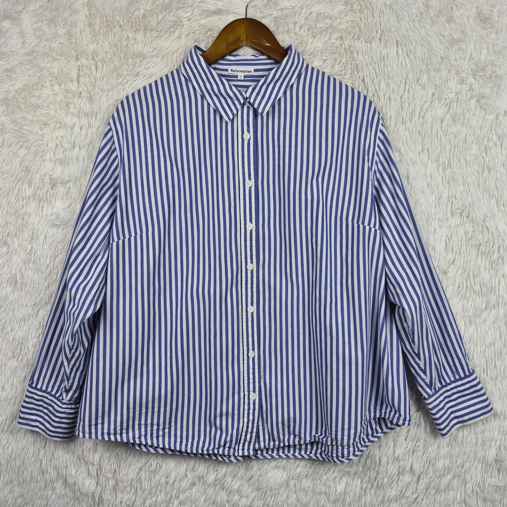 Reformation Blue White Striped Oversized Poplin Button Up Shirt 2X Long Sleeve